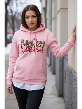 Leopard Merry Christmas Oversized Pullover Drawstring Hoodie Holiday Sweater Top